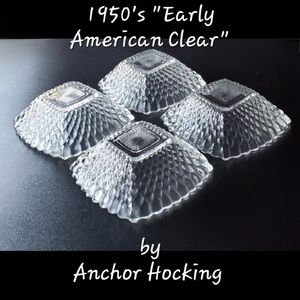 (5)1950s "Early American Clear" 4 5/8" Small Square Bowls by Anchor Hocking
